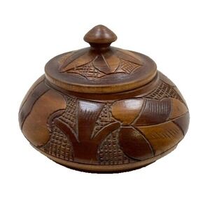 Vintage Hard Carved Round Wooden Storage/Trinket Box  or Jar With Lid 6x3